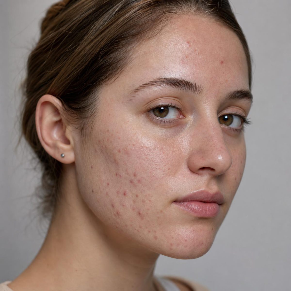 Illustrative close-up of facial skin showing active acne with post-inflammatory marks and shallow textural scarring on the cheek and jawline