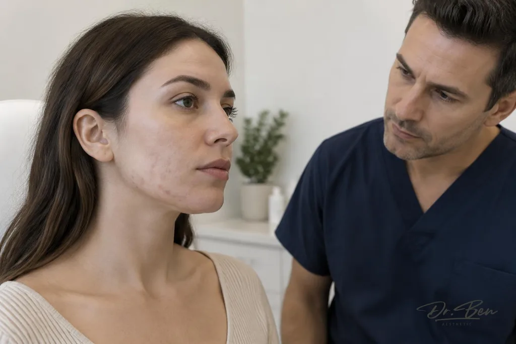 Doctor assessing mild acne spots and shallow scarring along a patient's cheek and jawline