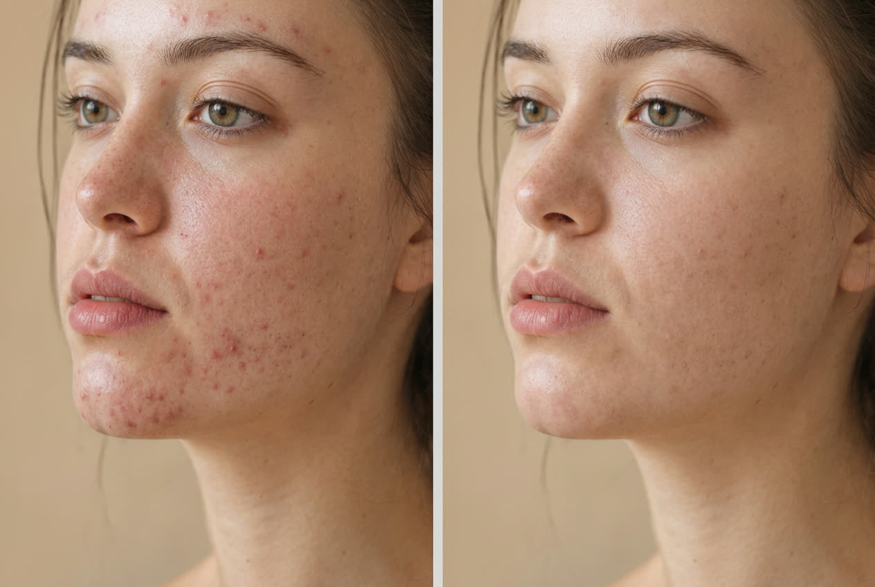 Illustrative side-by-side comparison of facial skin with acne on the left and clearer skin on the right