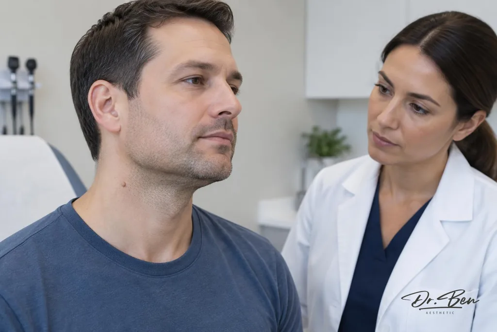 Doctor visually assessing a small benign skin tag on the side of a patient's neck