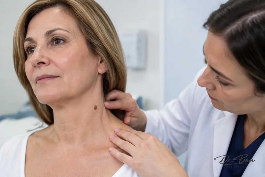 Doctor visually assessing a small benign-looking lesion on a patient's neck