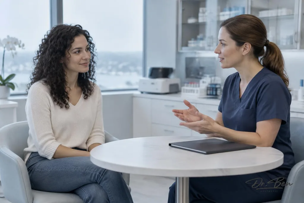 Doctor talking through treatment options with a woman at a round consultation table