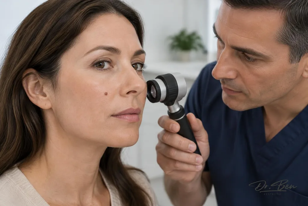 Doctor examining a small pigmented mole on a patient's cheek with a handheld dermatoscope