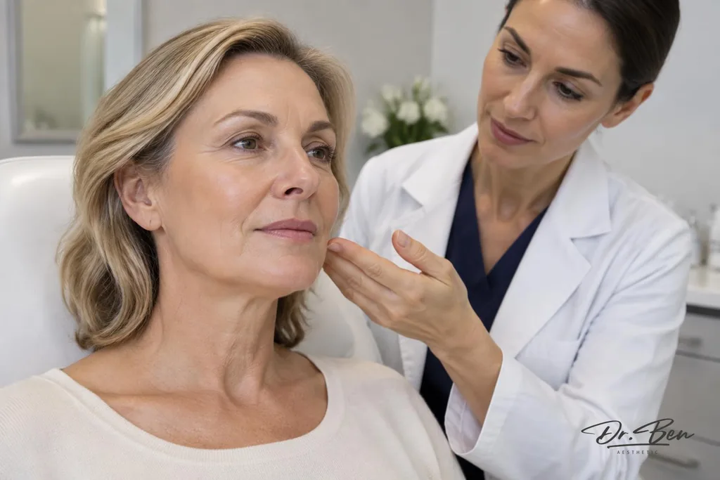 Doctor assessing cheek and jawline support on a mature adult patient in a clinic
