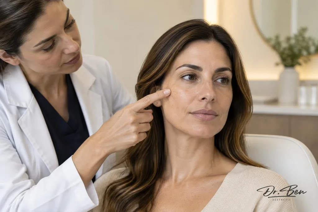 Doctor observing a seated patient's facial proportions and lightly indicating the cheekbone area