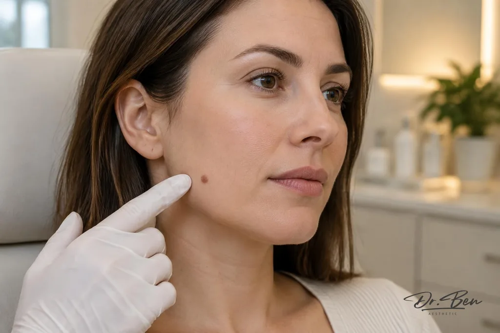 Doctor indicating a small benign-looking mole on a patient's jawline during a consultation
