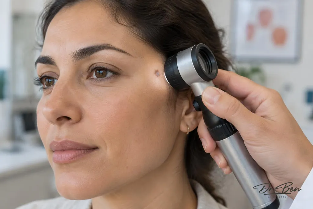 Doctor examining a skin lesion with a dermatoscope