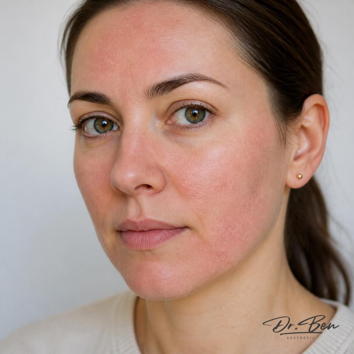 Illustrative three-quarter portrait showing dry, mildly red and slightly scaly patches across the cheeks, jawline and forehead typical of mild-to-moderate facial eczema