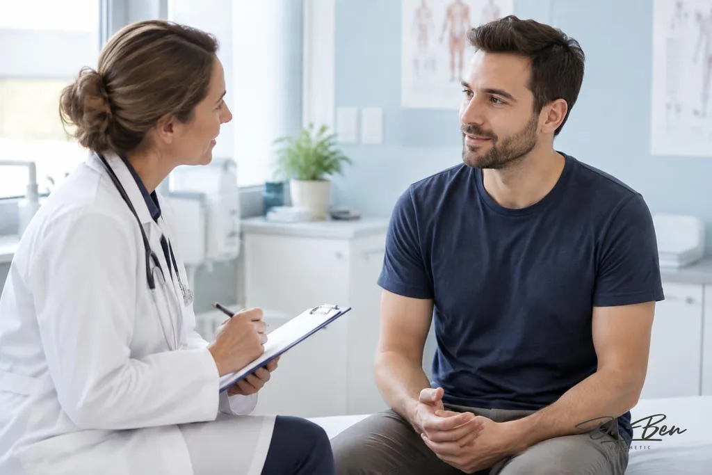 Doctor taking notes while discussing excessive sweating with a male patient in a consultation room