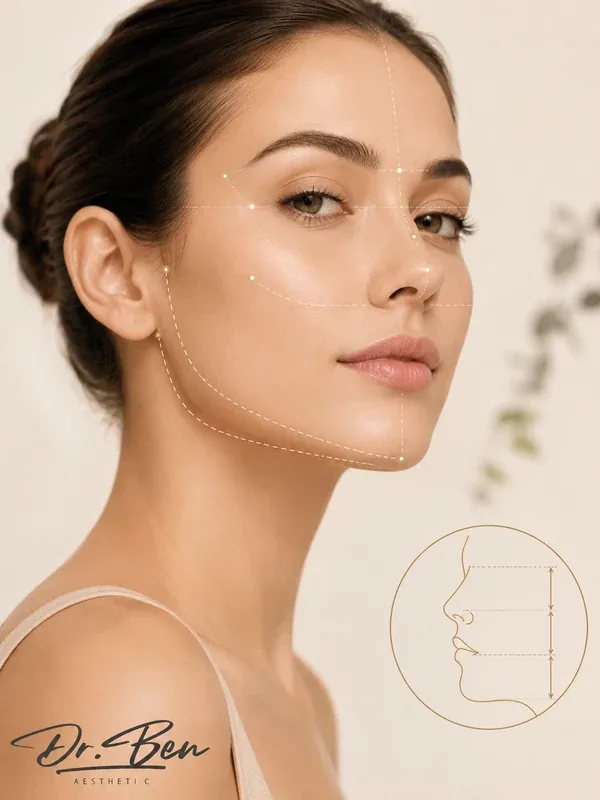 Facial assessment illustration showing proportion and contour reference lines across a patient's face
