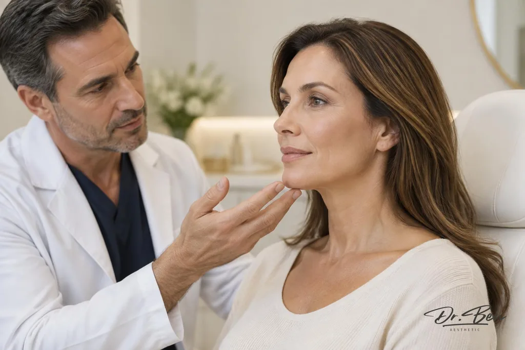 Doctor assessing a patient's facial profile, chin and jawline in a three-quarter view