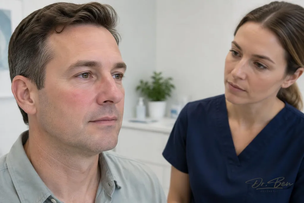 Doctor observing mild cheek redness and fine visible vessels on a patient's face