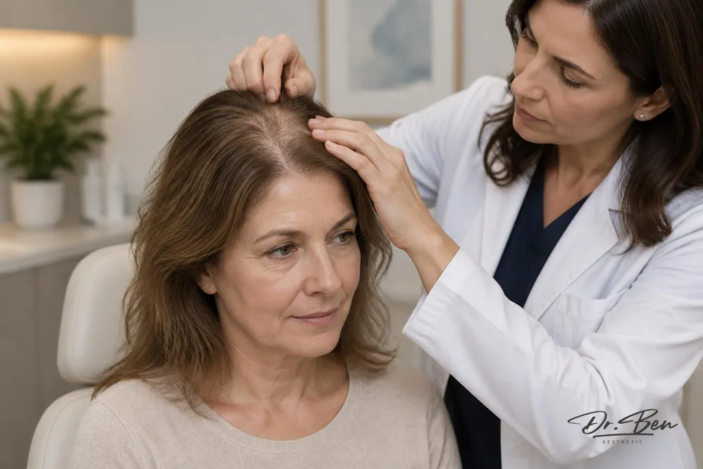 Doctor examining a slightly widened part line on an adult woman with subtle hair thinning