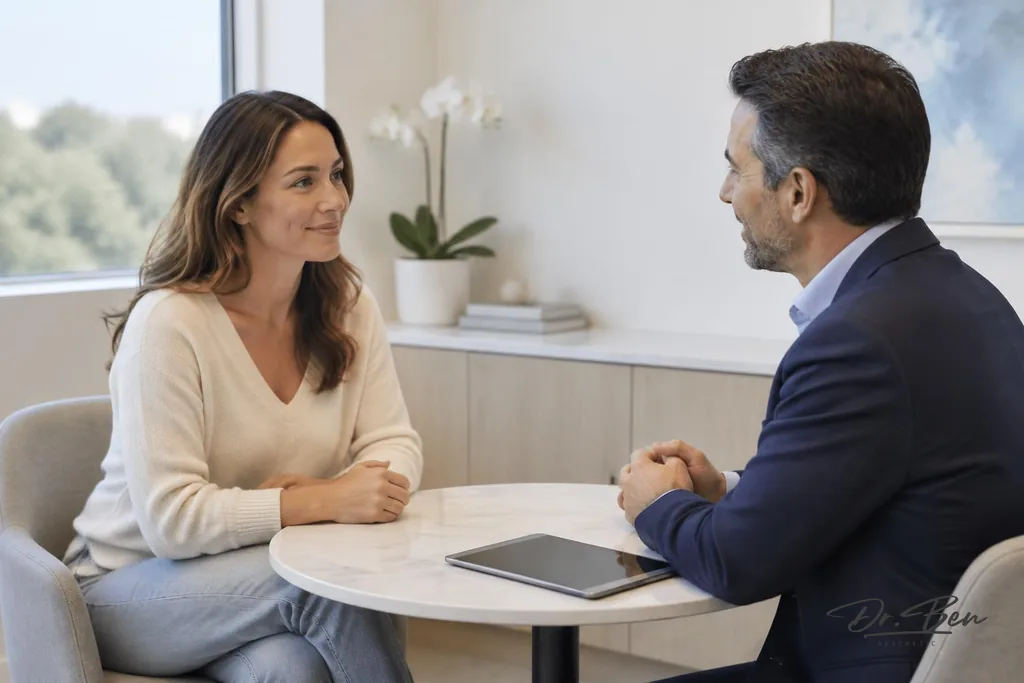 Doctor and patient seated together at a consultation table discussing her concerns