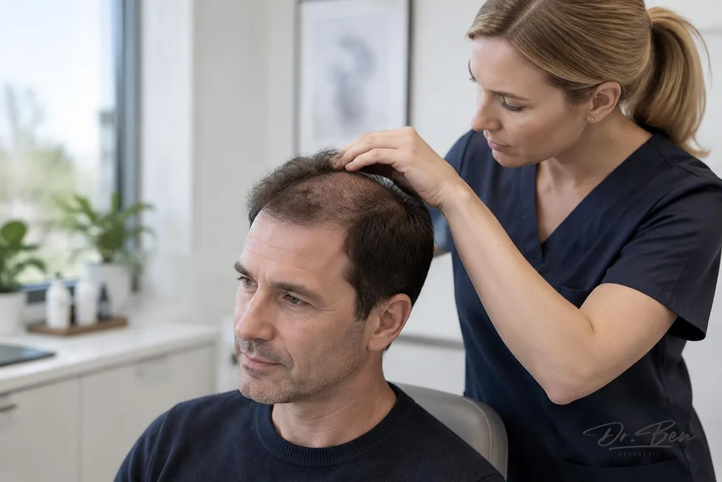 Doctor examining an adult man's hair density at the crown during a hair-loss consultation
