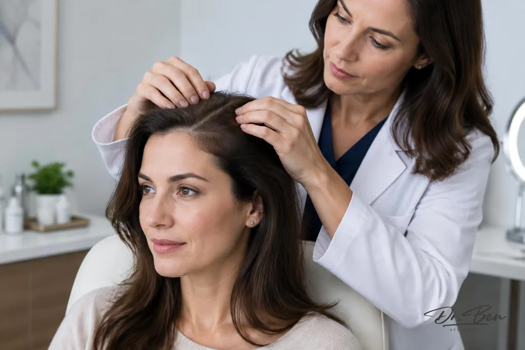 Doctor gently separating a seated woman's hair along the part line to assess hair density