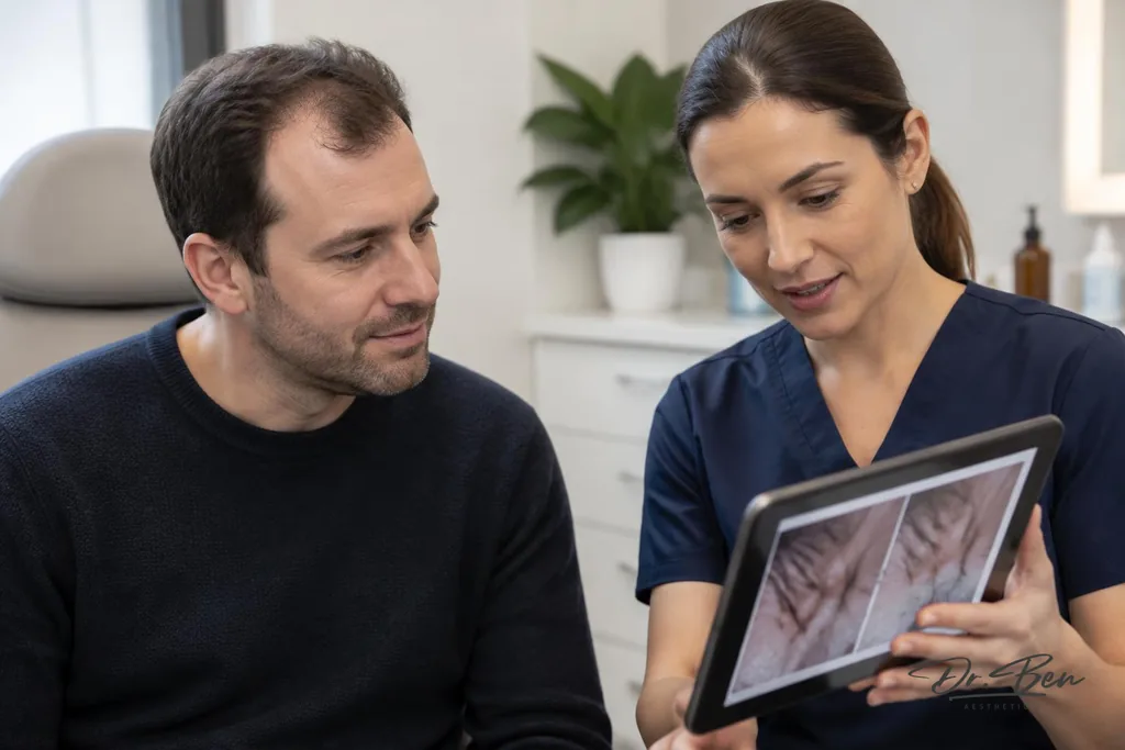 Doctor showing magnified scalp images on a tablet to a man while planning hair-loss treatment