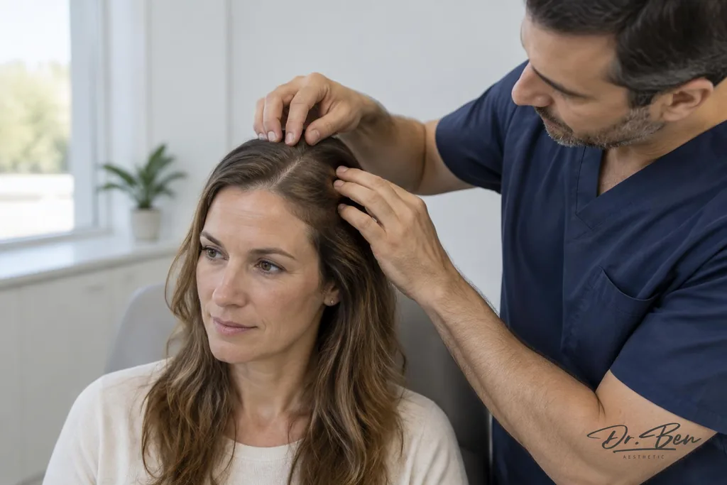 Doctor gently parting a patient's hair to assess scalp, part line and hair density
