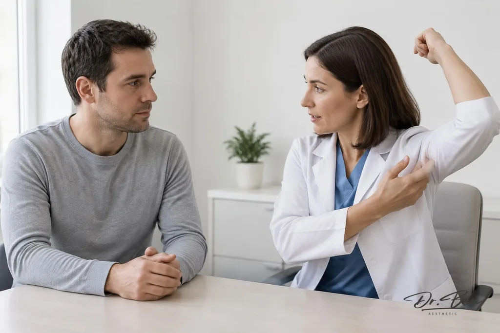 Doctor explaining underarm sweating to a fully clothed patient during a consultation
