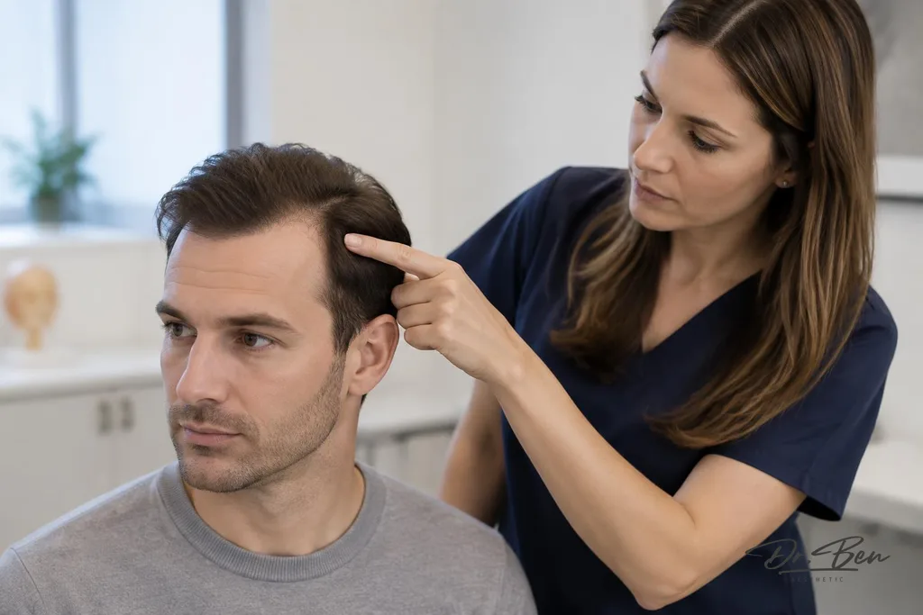 Doctor indicating mild temple recession on an adult man during a male-pattern hair loss assessment