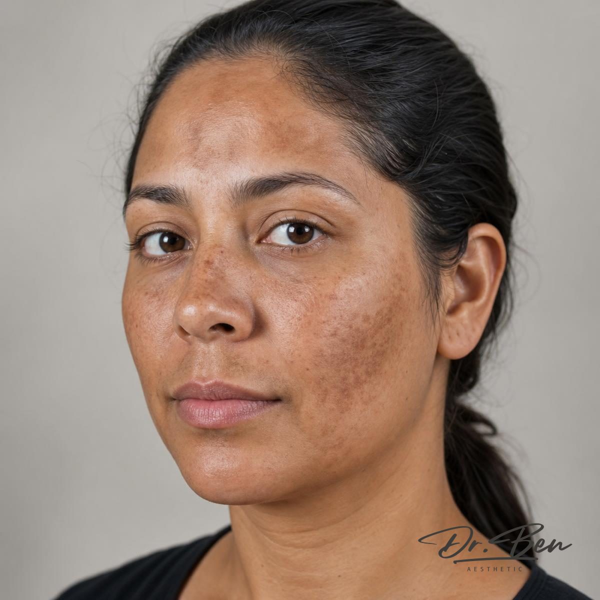 Illustrative three-quarter portrait showing irregular brown and grey-brown facial pigmentation across the cheeks, forehead and upper lip typical of mild-to-moderate melasma