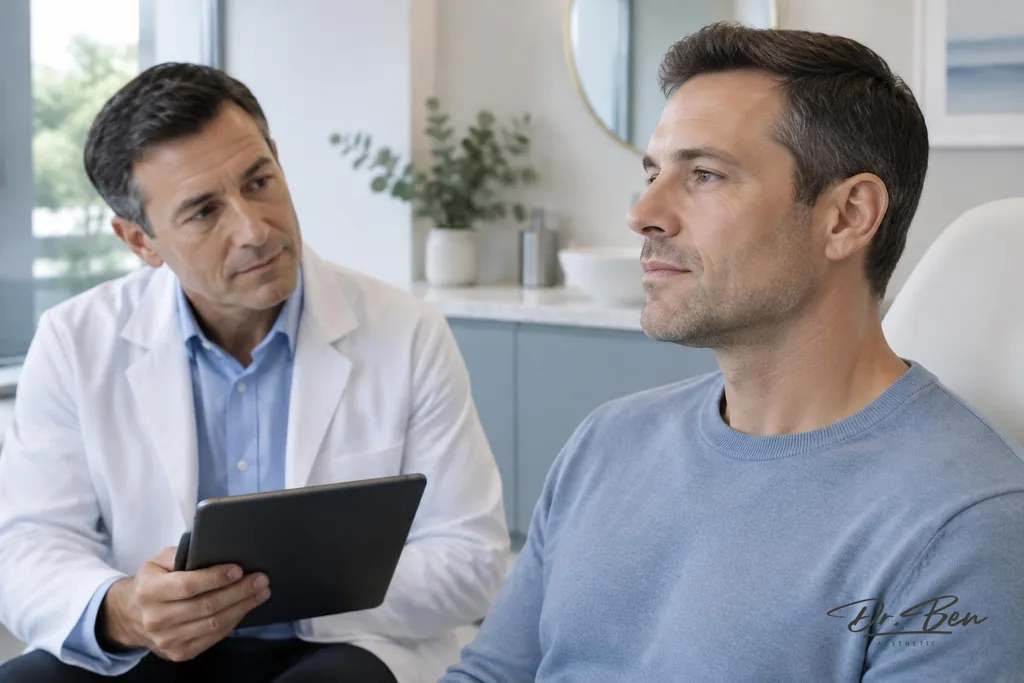 Doctor observing an adult male patient's facial profile and jawline during a cosmetic consultation