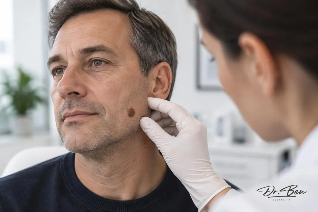 Doctor assessing a facial mole and skin lesion