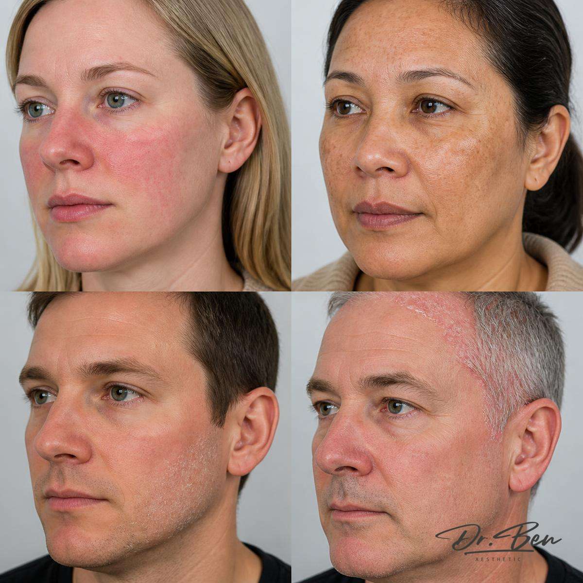 Illustrative four-panel composite of adult three-quarter facial views showing mild facial redness, mild brown pigmentation, dry scaly dermatitis patches and fine silvery scaling near the scalp hairline