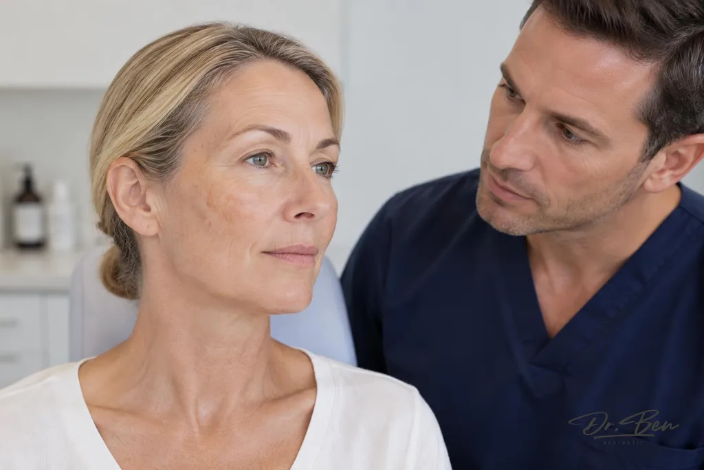 Doctor assessing mild freckles and sun spots across a patient's cheek and temple