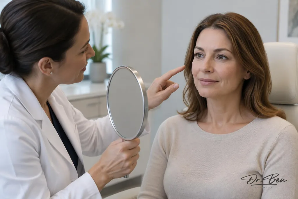 Doctor holding a hand mirror and indicating the upper cheek while reviewing a patient's previous filler concerns