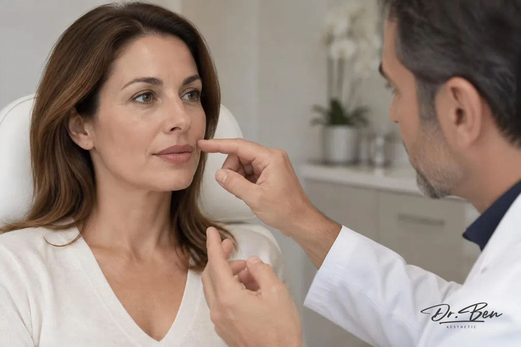 Doctor reviewing lip and lower-face symmetry with a patient concerned about previous filler