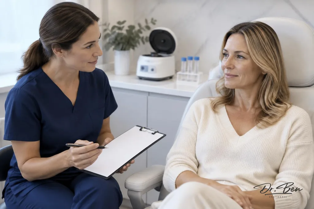 Doctor with a blank clipboard discussing a treatment plan with a woman, a centrifuge and empty tubes in the background