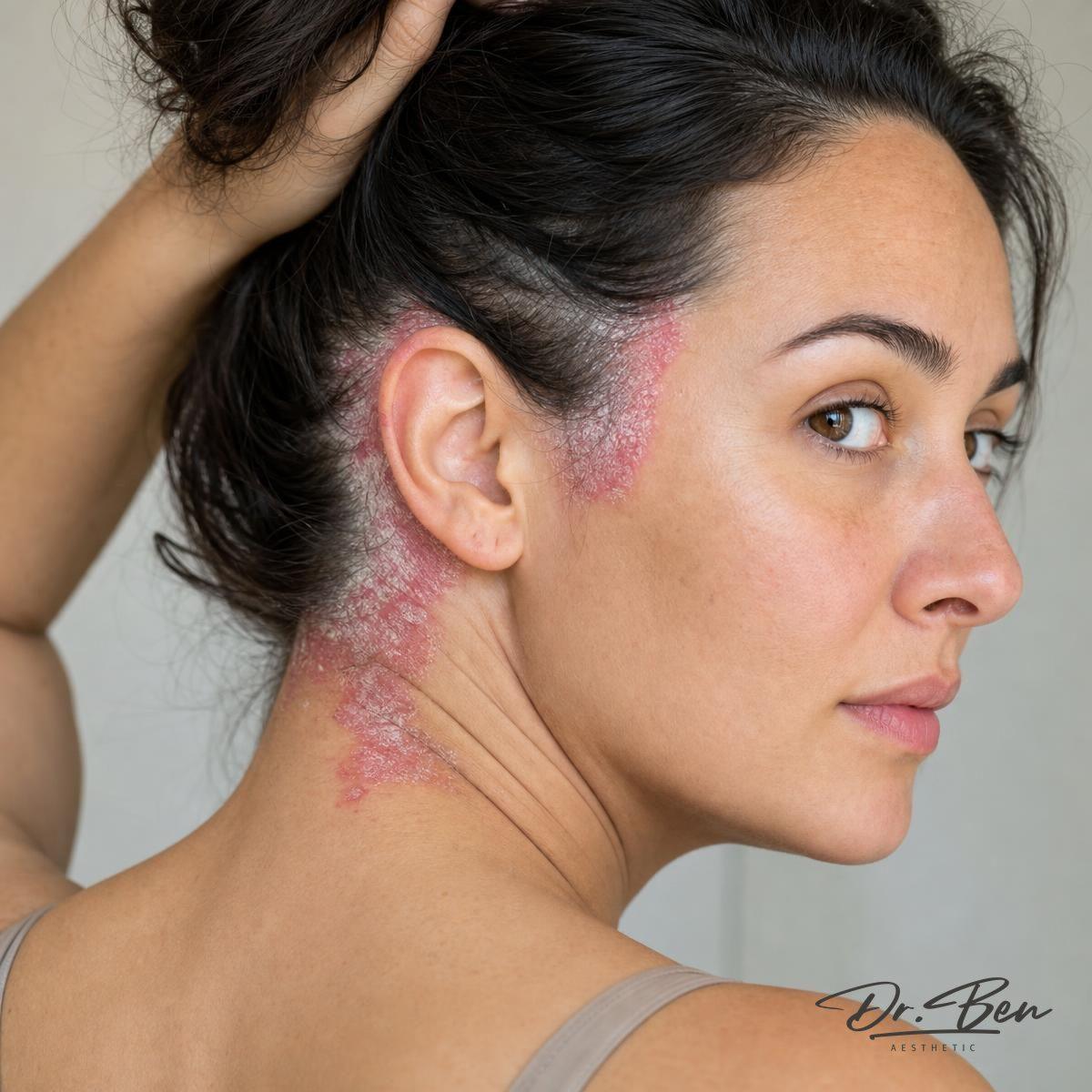 Illustrative portrait viewed from behind with the head turned toward the camera, showing well-defined red patches with fine silvery-white scaling along the scalp hairline, behind the ear and on the neck typical of mild-to-moderate plaque psoriasis