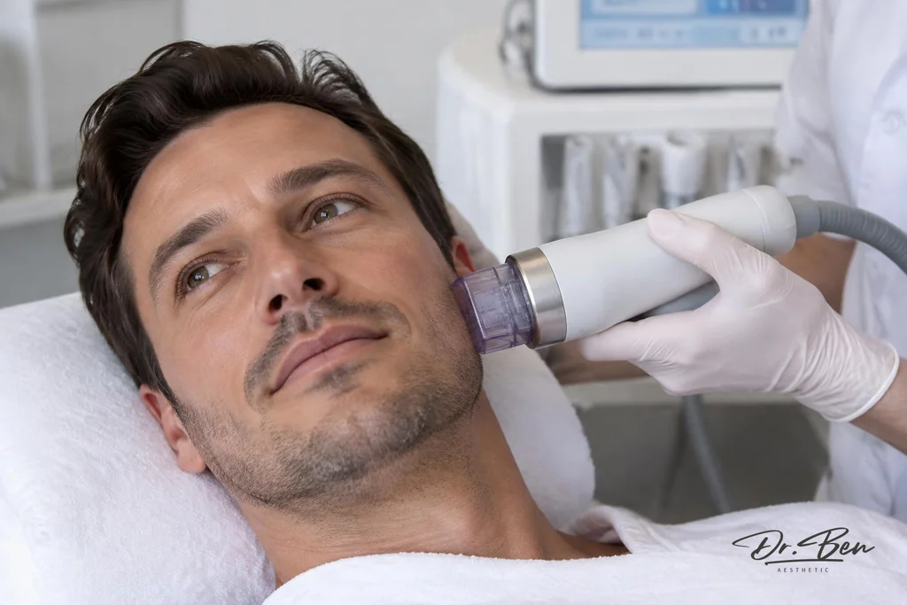 Clinician resting a radiofrequency microneedling handpiece against a reclining patient's cheek