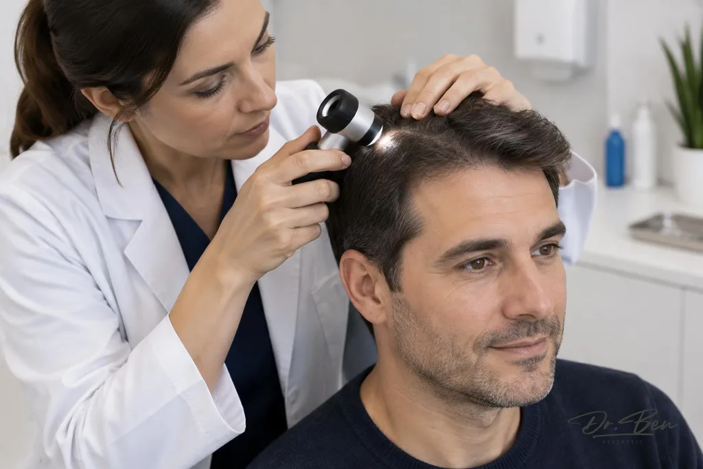 Doctor parting an adult man's hair and examining the scalp with a handheld dermatoscope