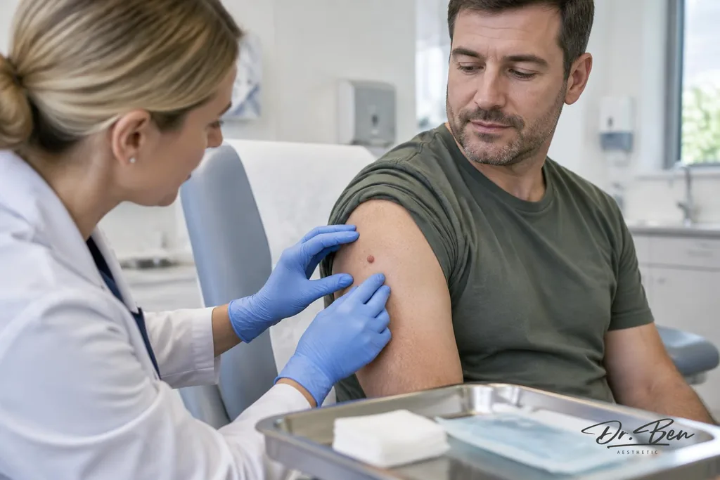 Gloved doctor assessing a small skin lesion on a patient's upper arm before a minor procedure