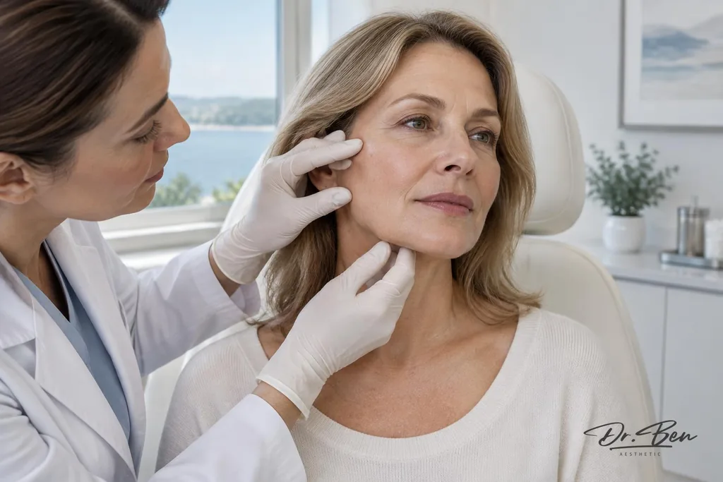 Gloved doctor examining skin quality on a patient's cheek and neck during a consultation