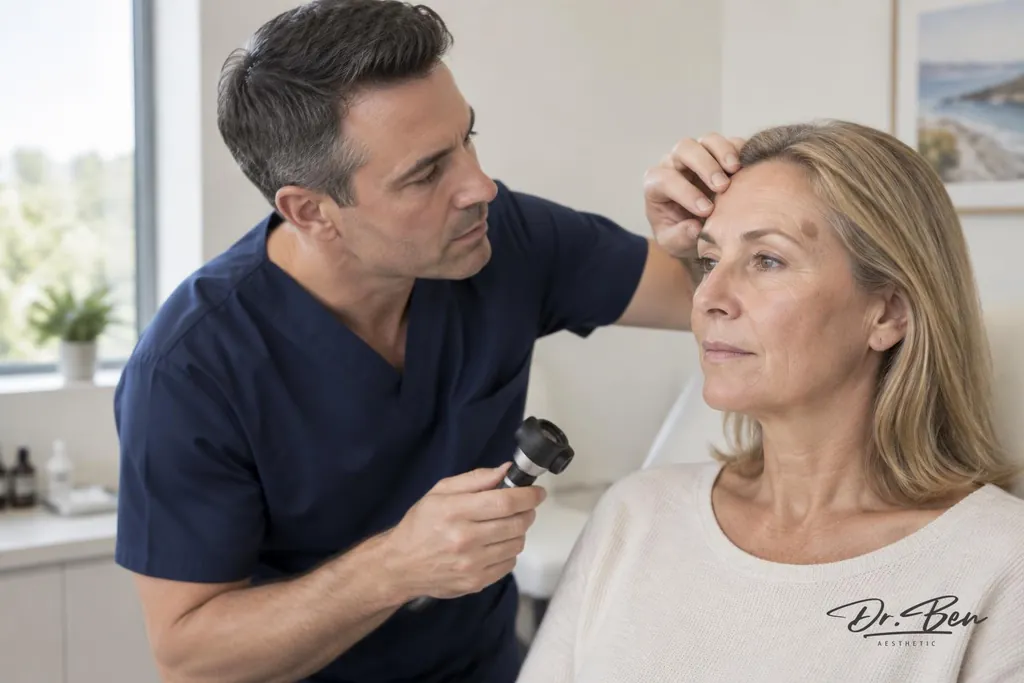 Doctor performing a professional skin cancer assessment