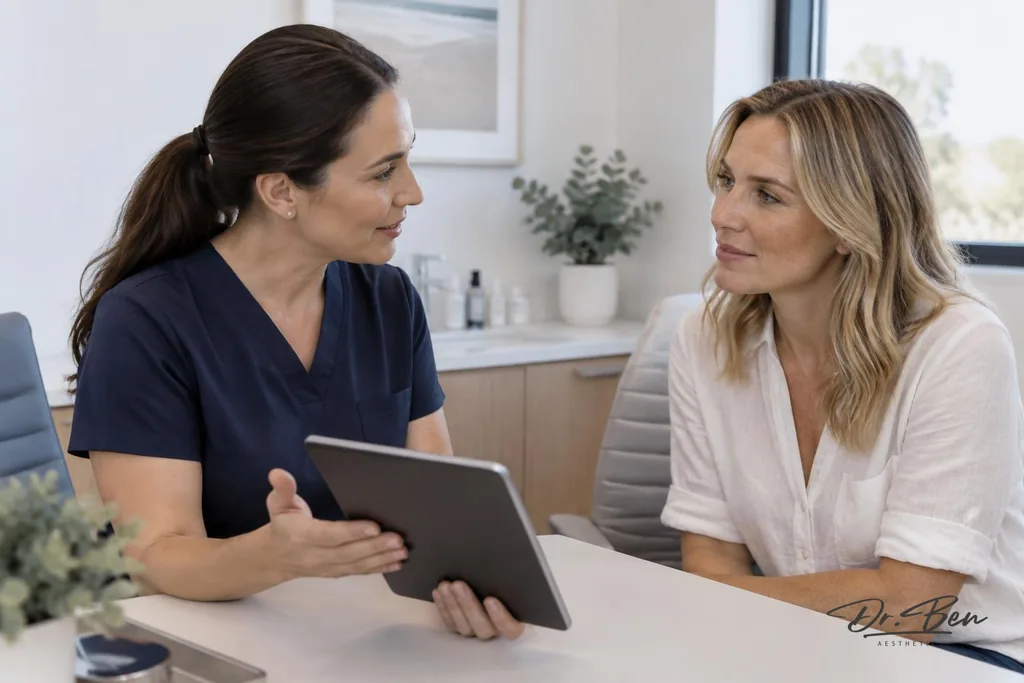 Doctor explaining what to expect at a skin cancer appointment to a seated patient