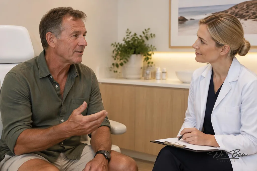 Patient asking a doctor questions during a skin cancer consultation