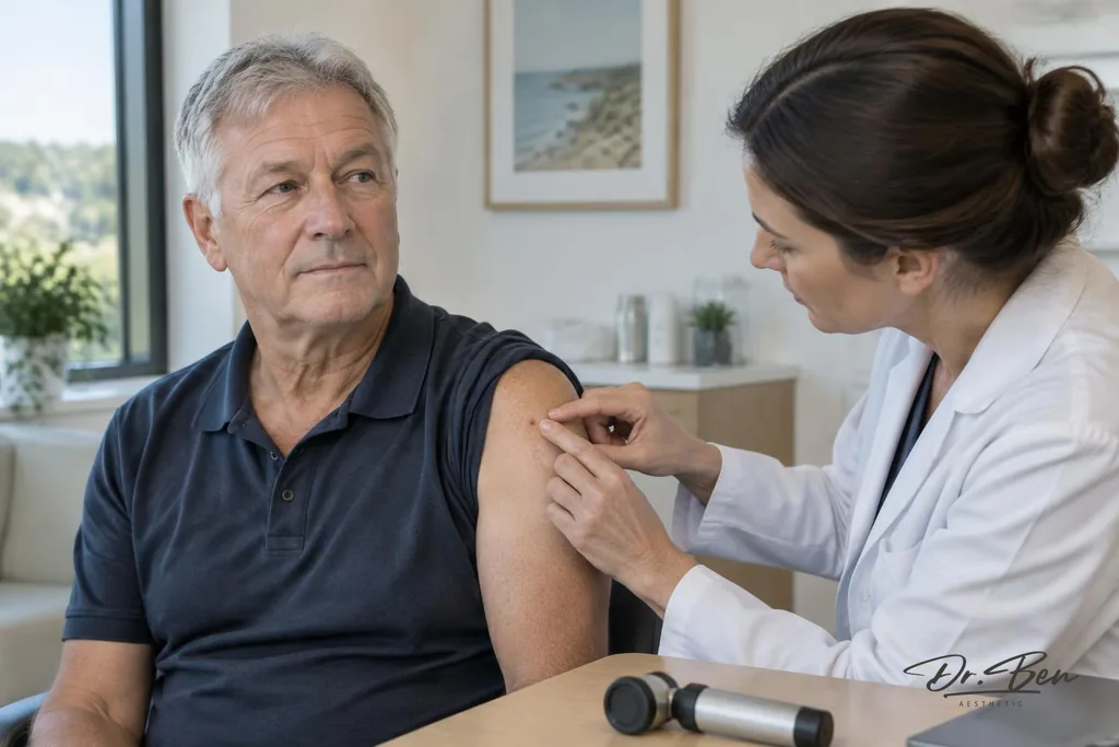 Doctor assessing a small skin spot on a patient's shoulder while discussing treatment