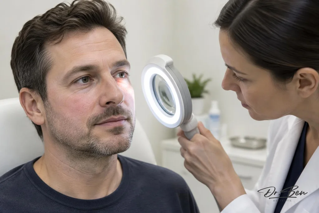 Doctor examining a patient's facial skin through an illuminated magnifying lamp