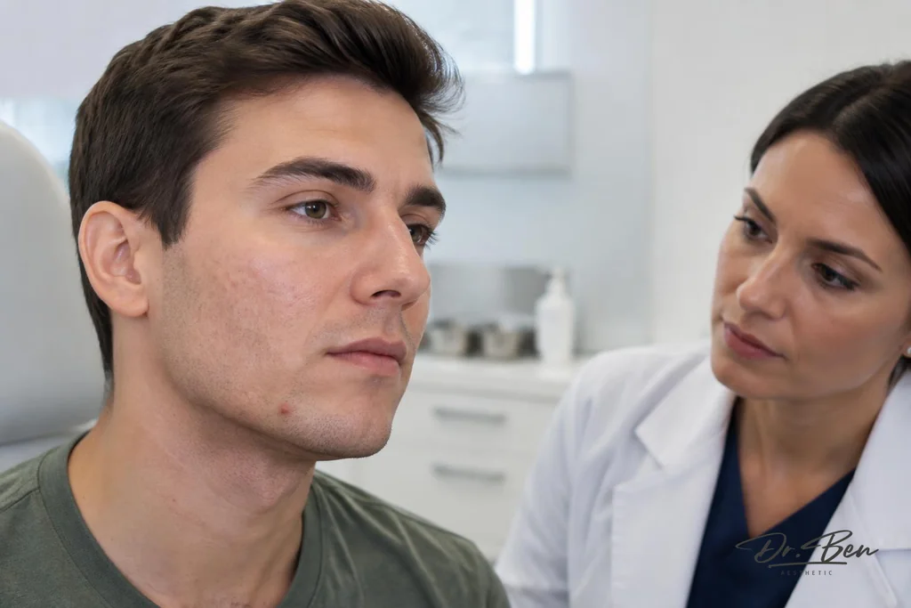 Doctor assessing mild acne scarring and a small breakout along a young man's cheek and jawline