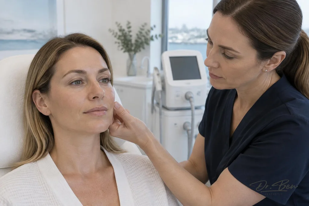 Doctor assessing a patient's cheek skin in a treatment room, with a switched-off skin device in the background