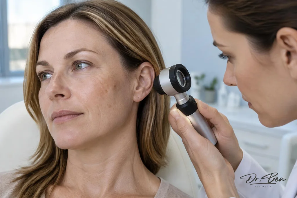 Doctor examining freckles and sun spots on a patient's cheek and temple with a handheld dermatoscope