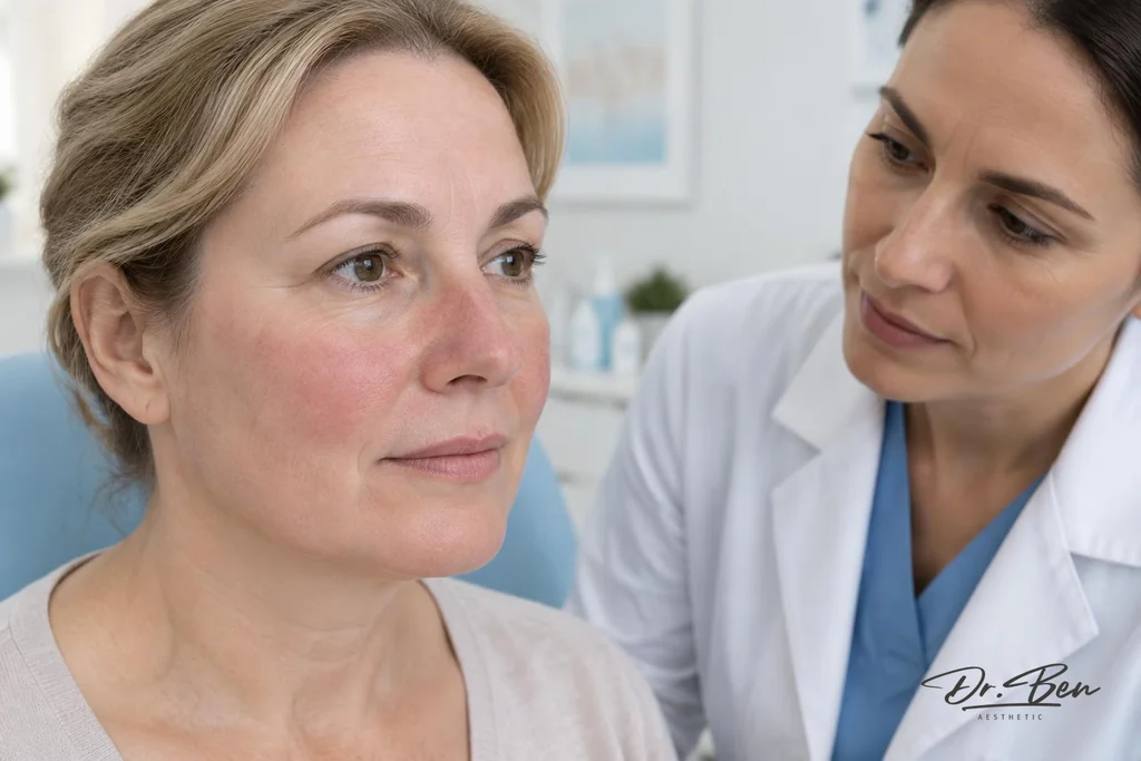Doctor observing mild cheek redness and fine vessels beside the nose of a seated patient