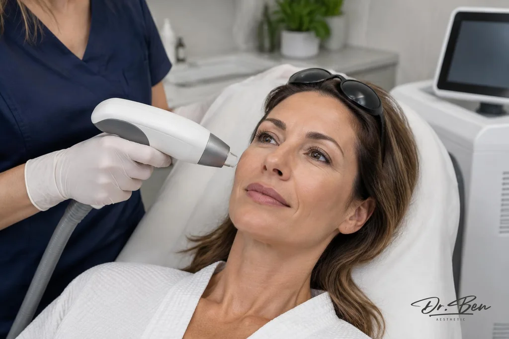 Clinician holding an inactive laser handpiece near a reclining patient's cheek, protective glasses resting on her head
