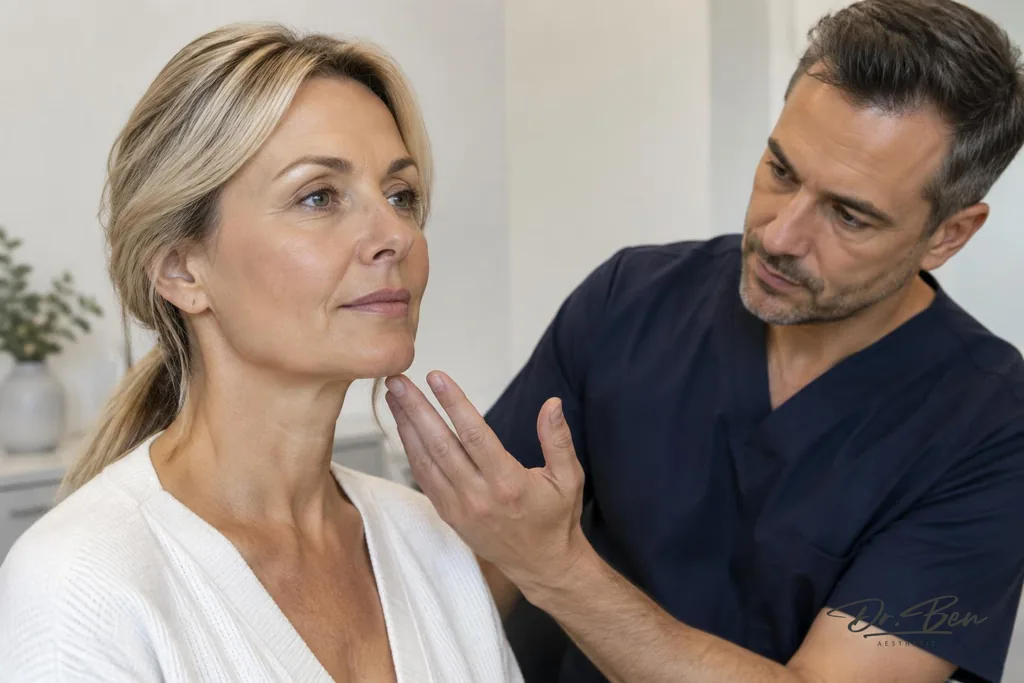 Doctor assessing mild lower-face and jawline skin laxity on a patient