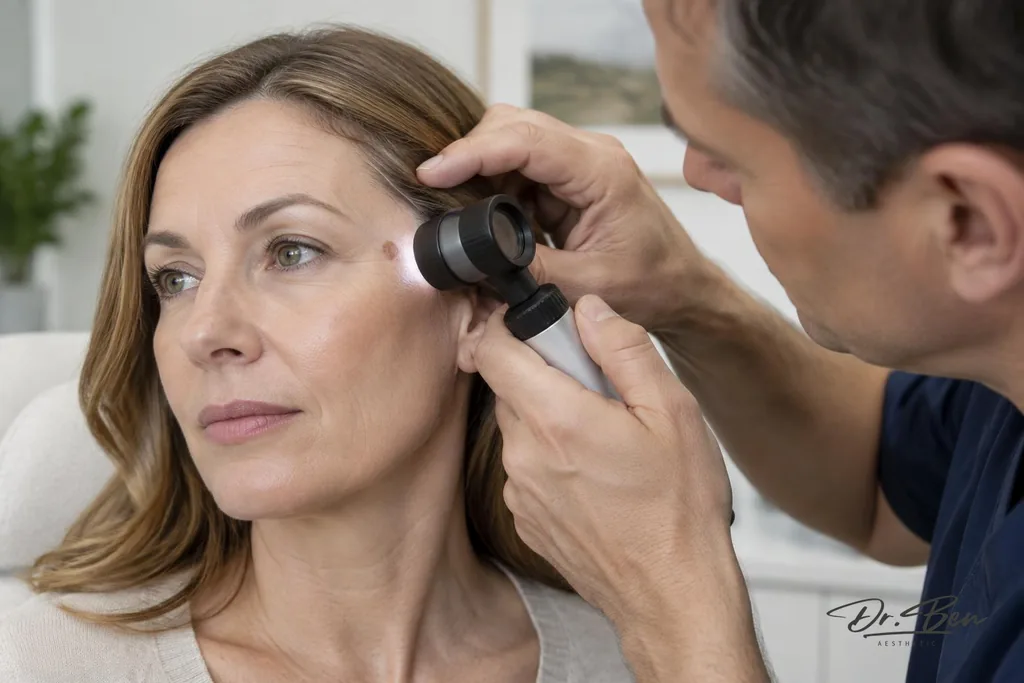 Doctor examining a small skin lesion on a patient's temple with a dermatoscope