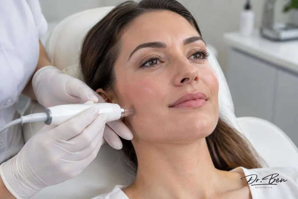 Gloved clinician holding a pen-style microneedling device lightly against a patient's lower cheek